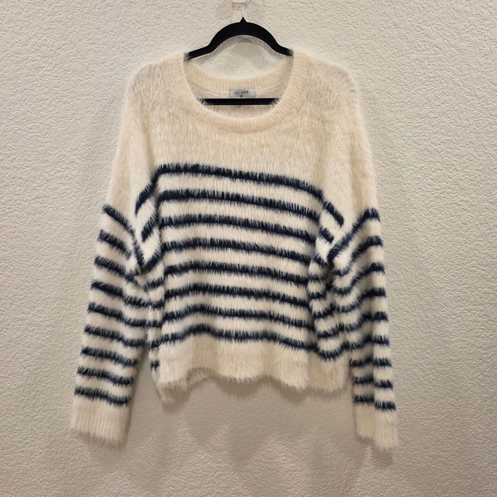 La Ligne x Target Striped Eyelash Knit Sweater XL Cream Navy Blue Fuzzy Pullover